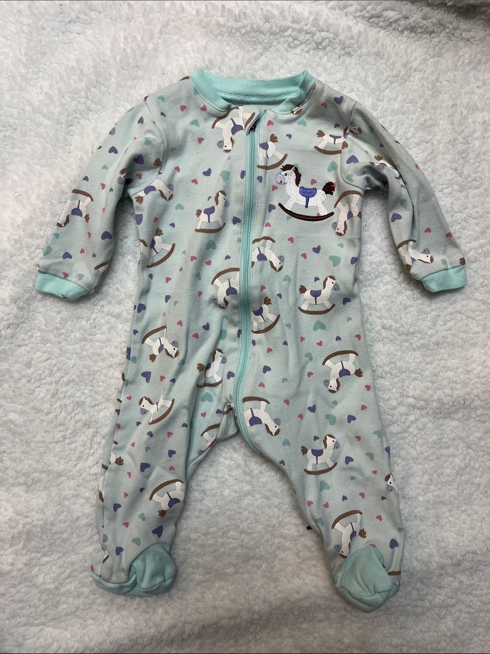 4/25$ Tuffy Baby Footed One-Piece in Light Aqua with Rocking Horse Print